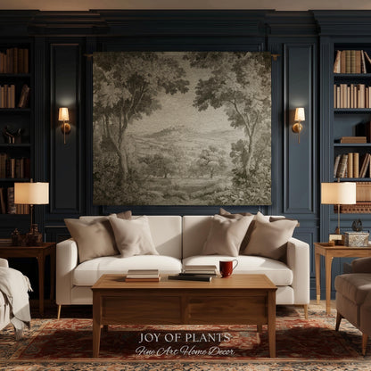 Soft Olive Pastoral Vista Tapestry | Old World Faded Textile Woodland Verdure Landscape 18th Century European Historic Countryside Blanket