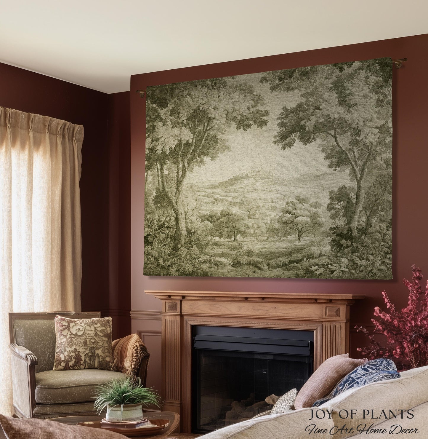 Soft Olive Pastoral Vista Tapestry | Old World Faded Textile Woodland Verdure Landscape 18th Century European Historic Countryside Blanket