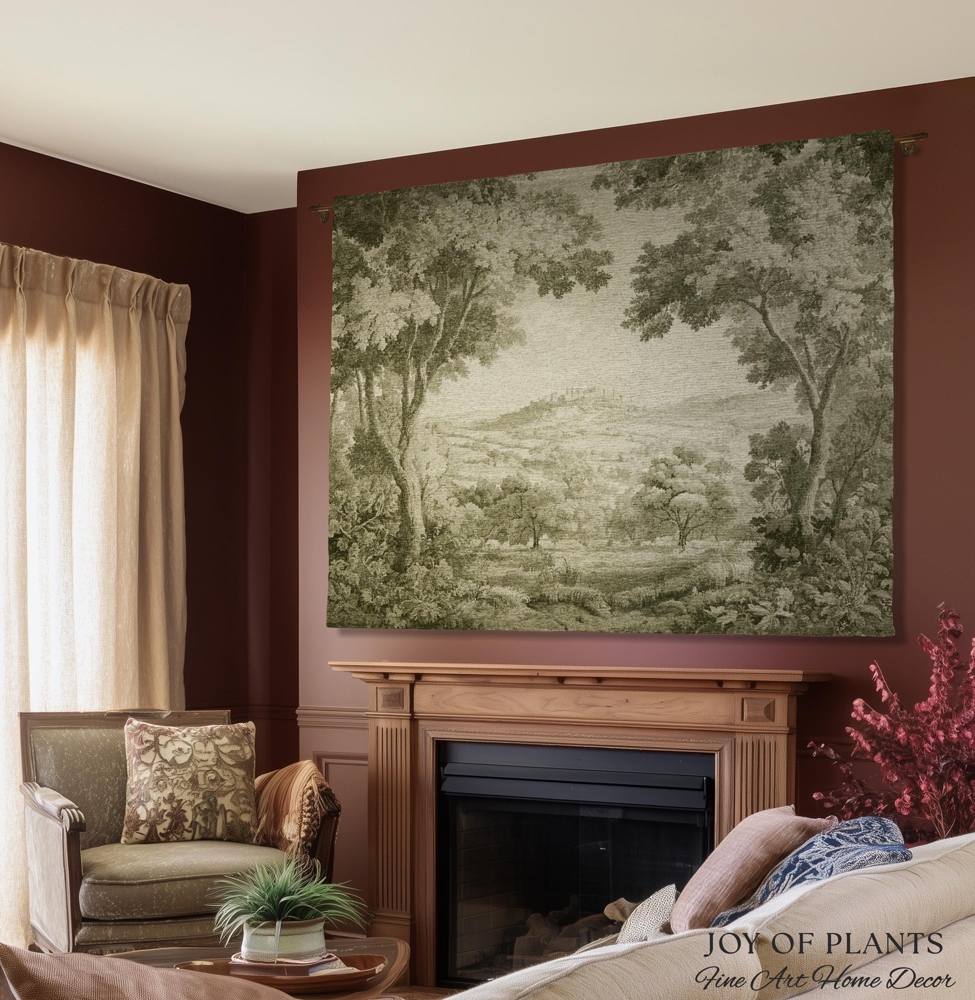 Soft Olive Pastoral Vista Tapestry | Old World Faded Textile Woodland Verdure Landscape 18th Century European Historic Countryside Blanket