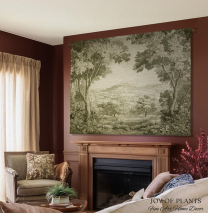 Soft Olive Pastoral Vista Tapestry | Old World Faded Textile Woodland Verdure Landscape 18th Century European Historic Countryside Blanket