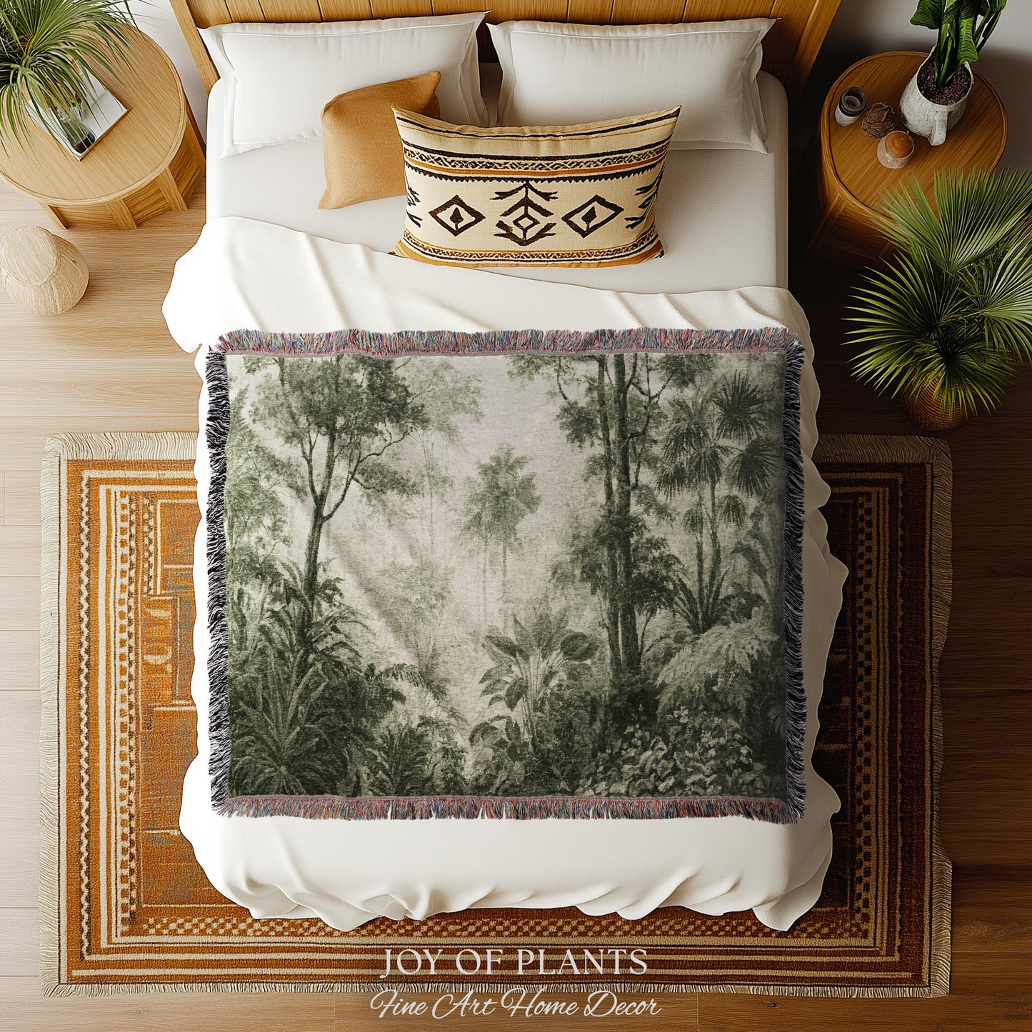 Misty Palm Jungle Monochrome Wall Textile | Vintage Naturalist Jungle Landscape Tapestry Olive Green Muted Tropical Woven Jacquard Throw