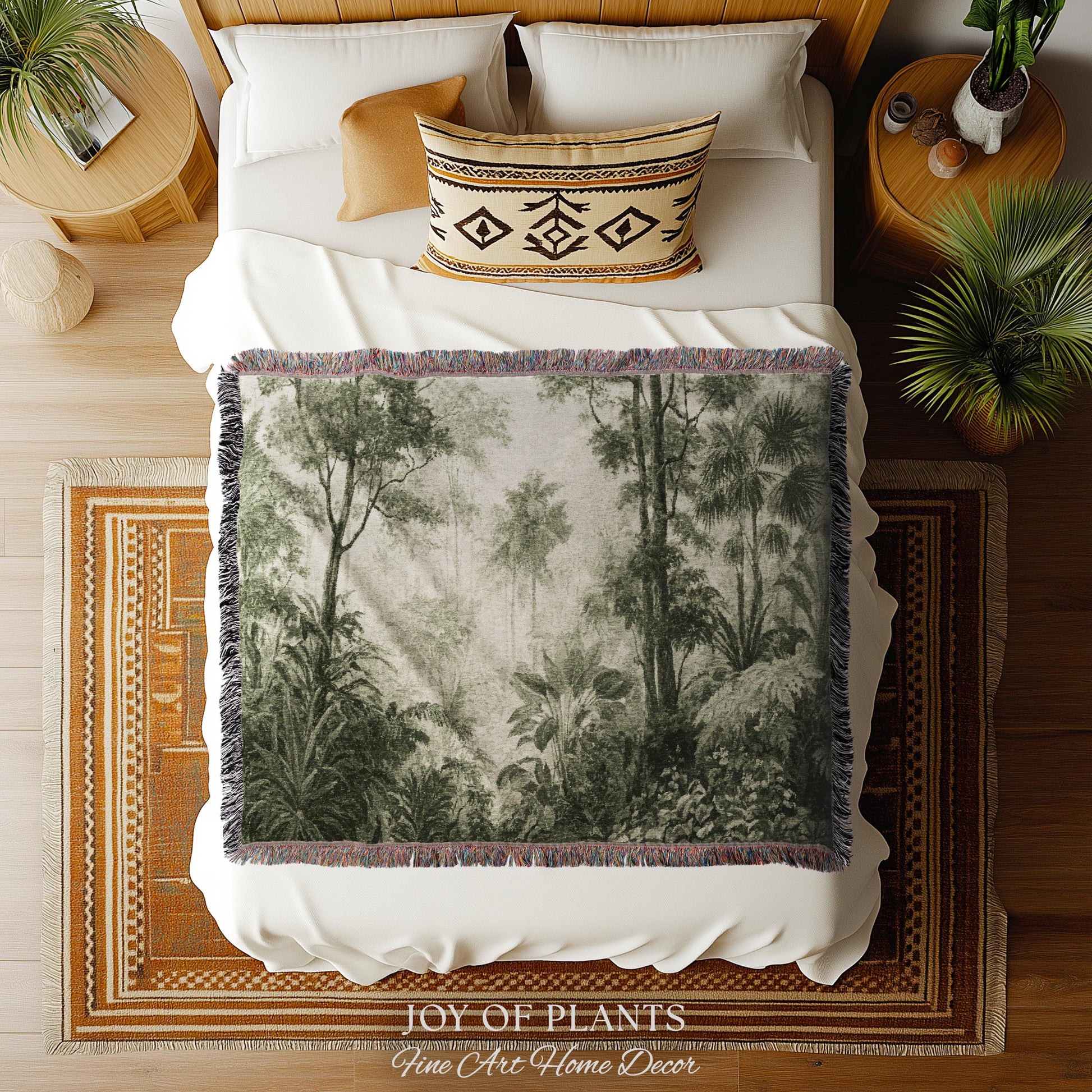 Misty Palm Jungle Monochrome Wall Textile | Vintage Naturalist Jungle Landscape Tapestry Olive Green Muted Tropical Woven Jacquard Throw