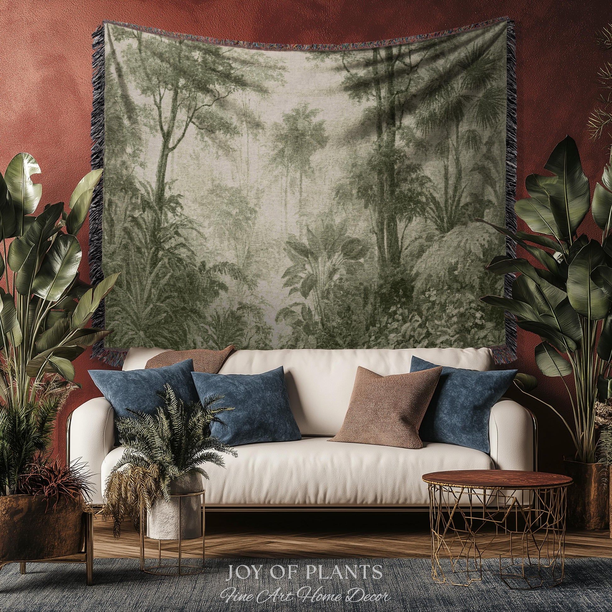 Misty Palm Jungle Monochrome Wall Textile | Vintage Naturalist Jungle Landscape Tapestry Olive Green Muted Tropical Woven Jacquard Throw