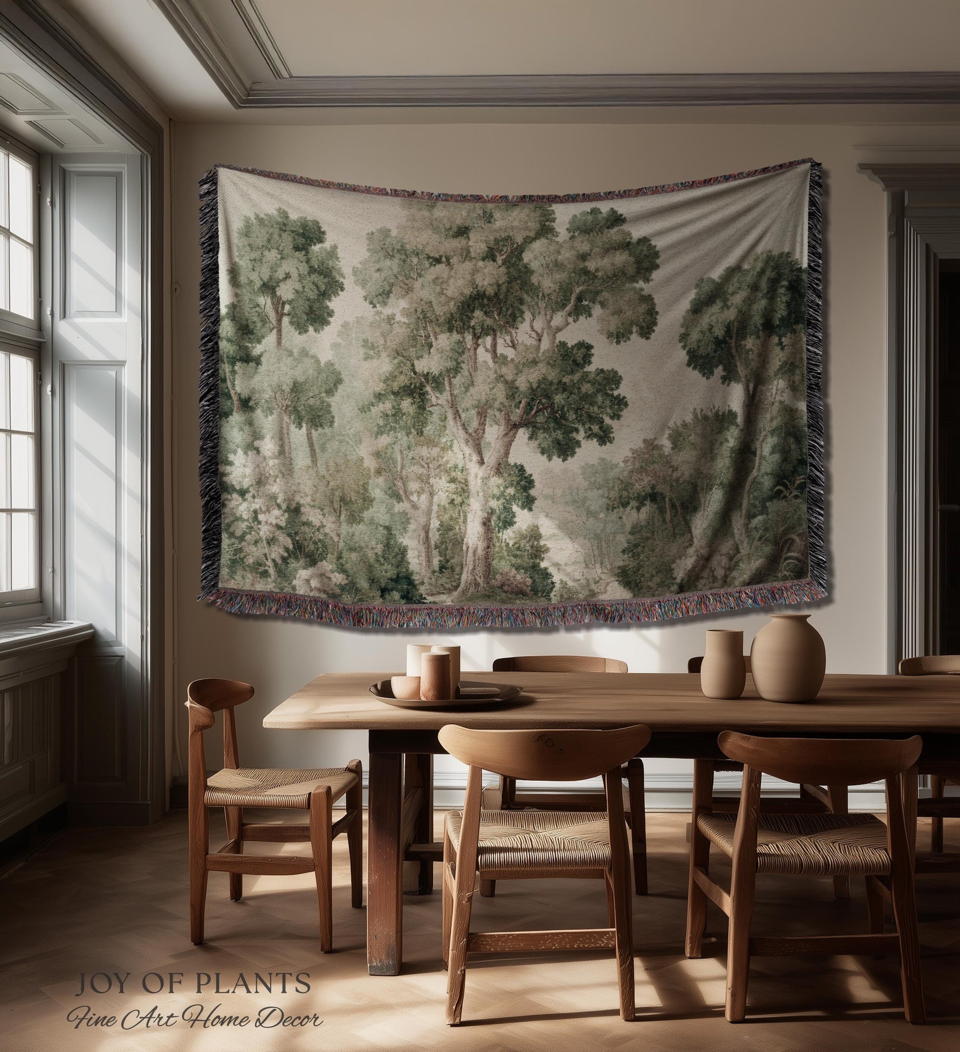 Soft Green Woodland Jacquard Tapestry | Dreamy Trees Verdure Woven Throw Blanket Light Academia Landscape Botanical Earth Tone Textile