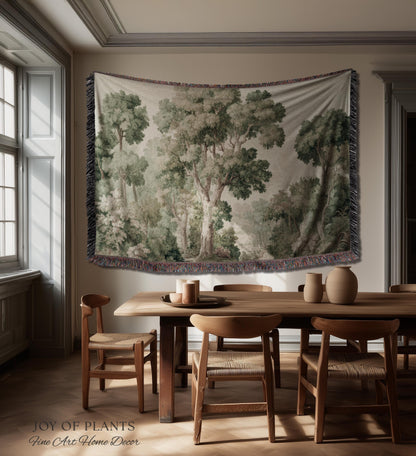 Soft Green Woodland Jacquard Tapestry | Dreamy Trees Verdure Woven Throw Blanket Light Academia Landscape Botanical Earth Tone Textile
