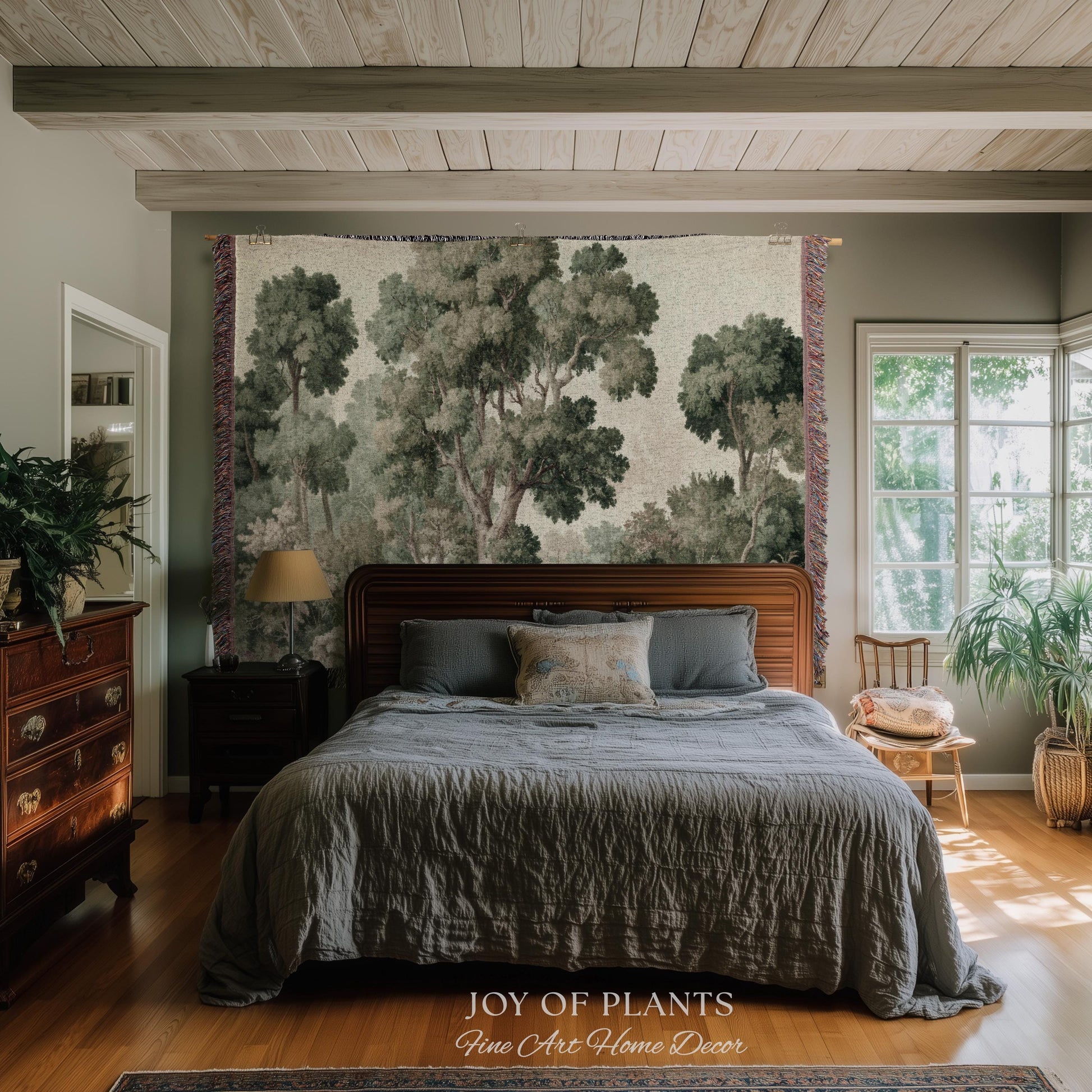 Soft Green Woodland Jacquard Tapestry | Dreamy Trees Verdure Woven Throw Blanket Light Academia Landscape Botanical Earth Tone Textile
