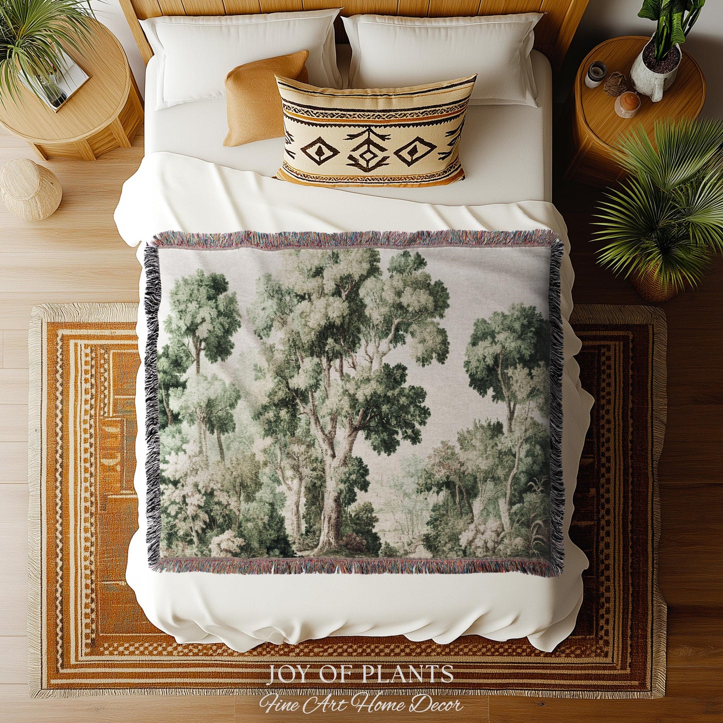 Soft Green Woodland Jacquard Tapestry | Dreamy Trees Verdure Woven Throw Blanket Light Academia Landscape Botanical Earth Tone Textile