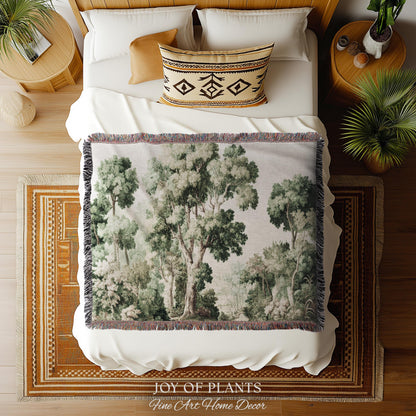 Soft Green Woodland Jacquard Tapestry | Dreamy Trees Verdure Woven Throw Blanket Light Academia Landscape Botanical Earth Tone Textile