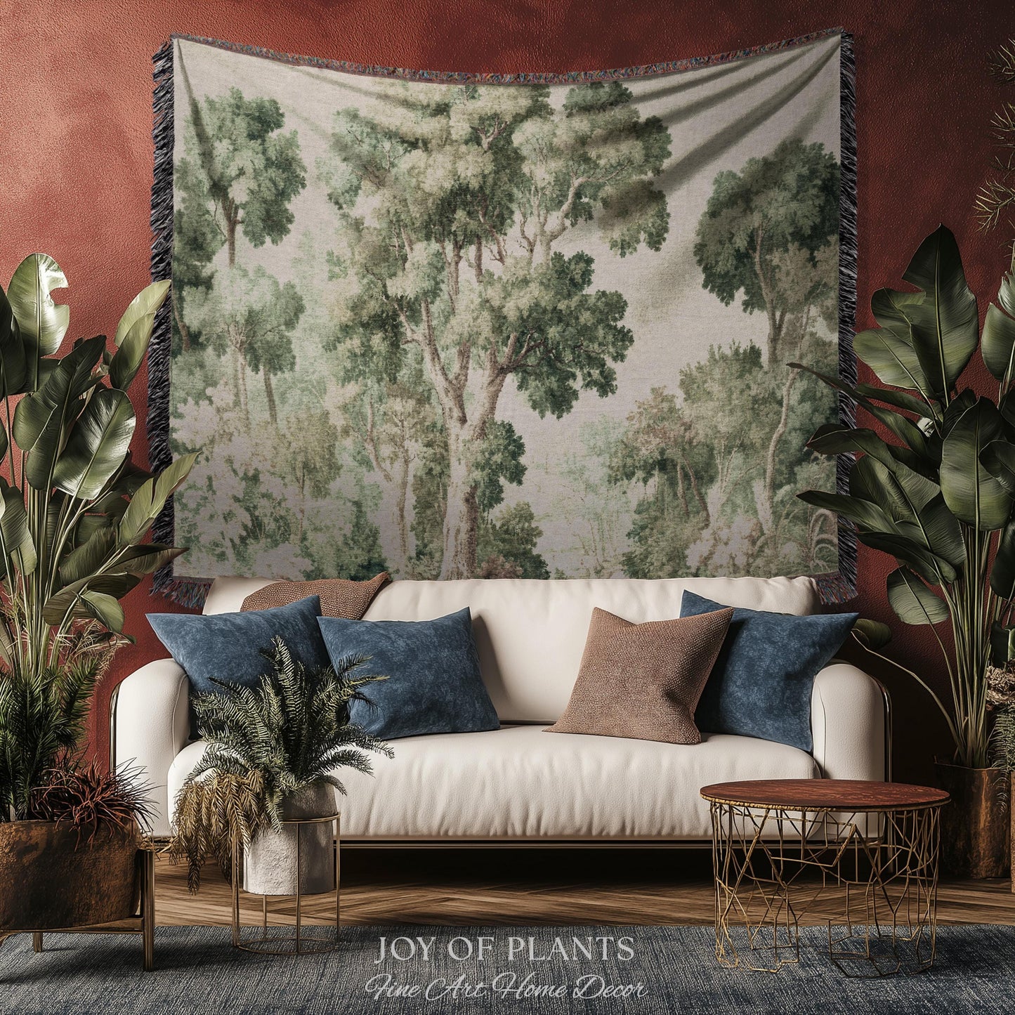 Soft Green Woodland Jacquard Tapestry | Dreamy Trees Verdure Woven Throw Blanket Light Academia Landscape Botanical Earth Tone Textile