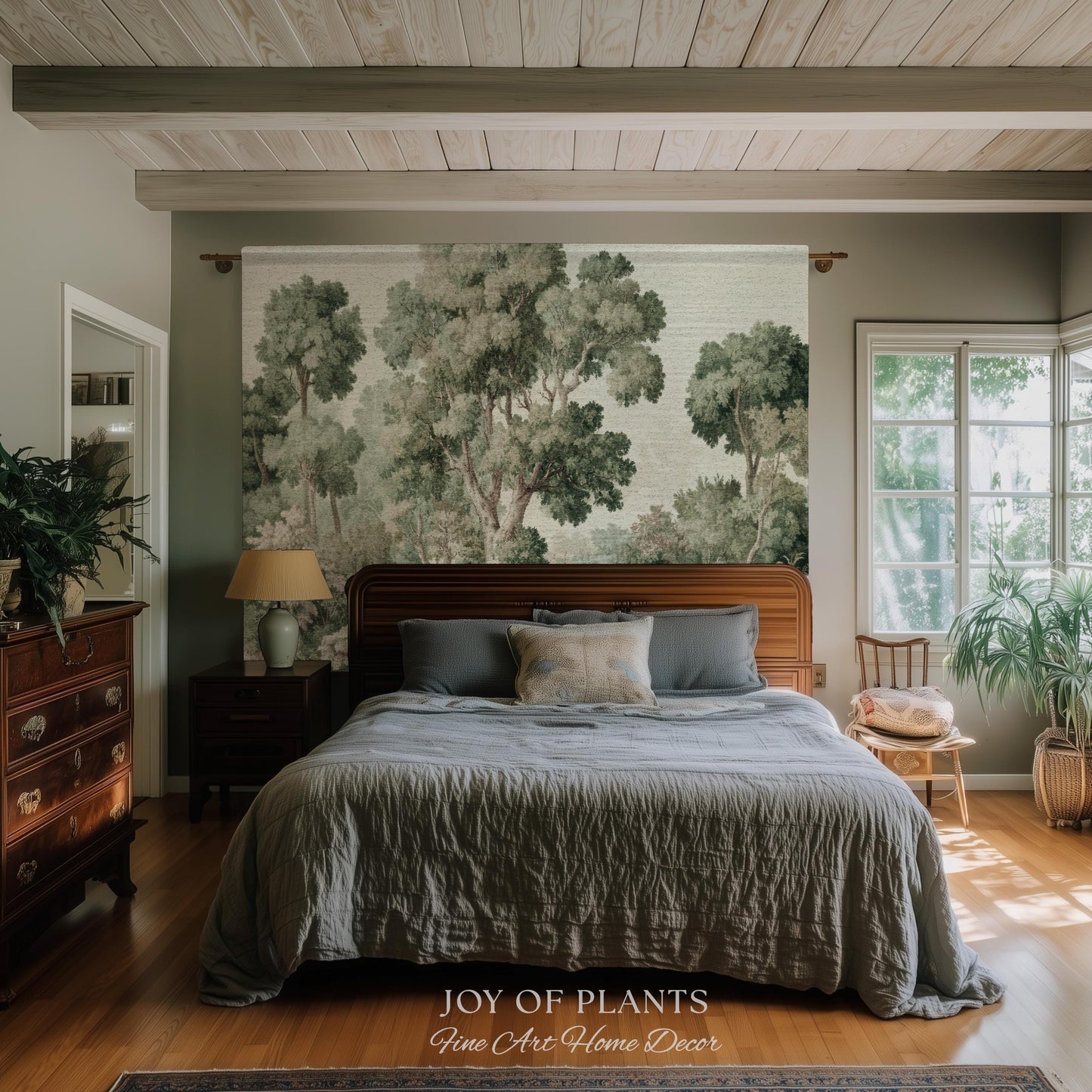 Soft Green Woodland Jacquard Tapestry | Dreamy Trees Verdure Woven Throw Blanket Light Academia Landscape Botanical Earth Tone Textile