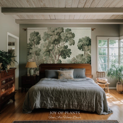 Soft Green Woodland Jacquard Tapestry | Dreamy Trees Verdure Woven Throw Blanket Light Academia Landscape Botanical Earth Tone Textile