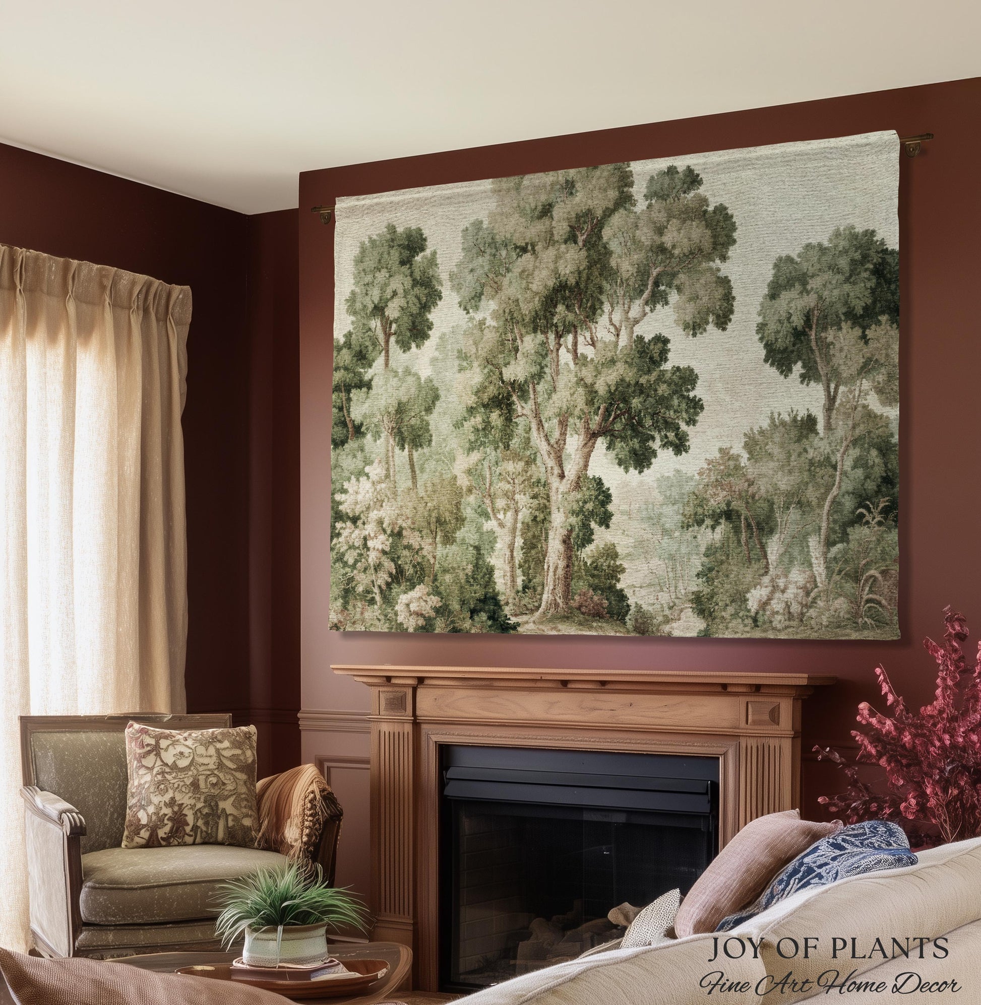 Soft Green Woodland Jacquard Tapestry | Dreamy Trees Verdure Woven Throw Blanket Light Academia Landscape Botanical Earth Tone Textile