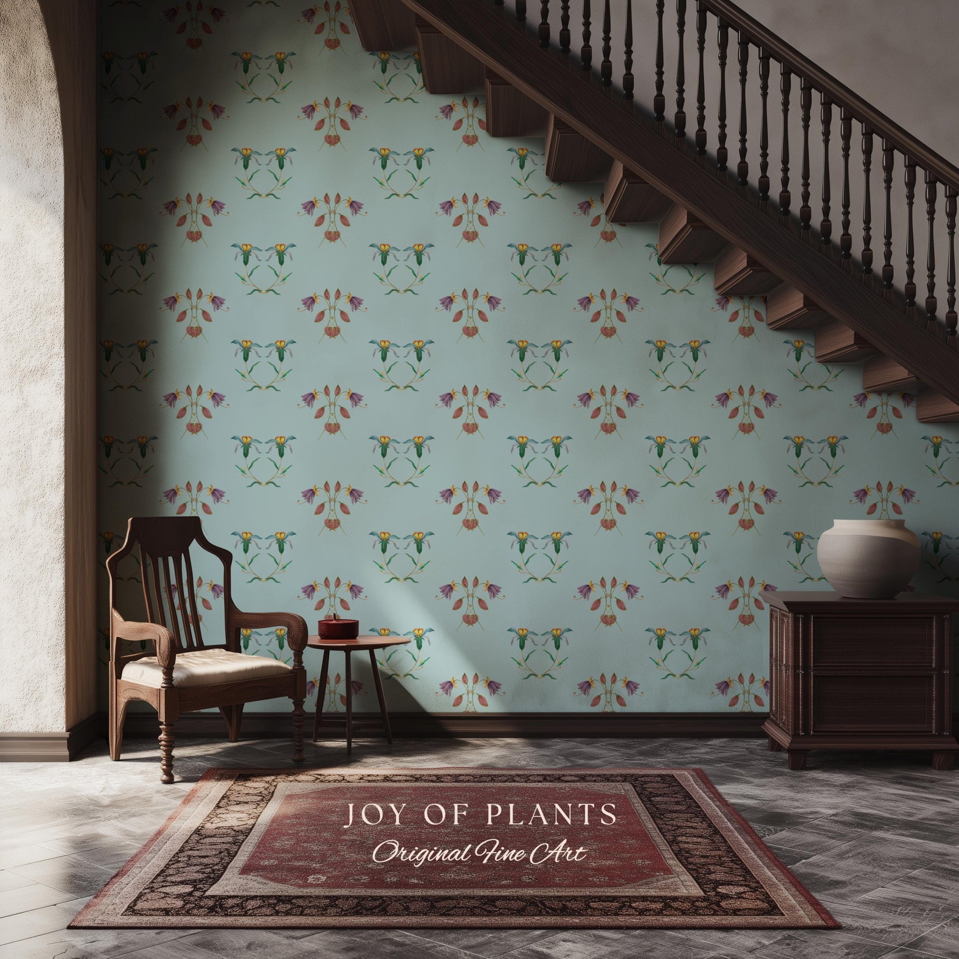 Delicate Florals Pastel Blue Wallpaper | Robin's Egg French Inspired Peel and Stick Wall Art Subtle Design Accent Renter Friendly Bedroom
