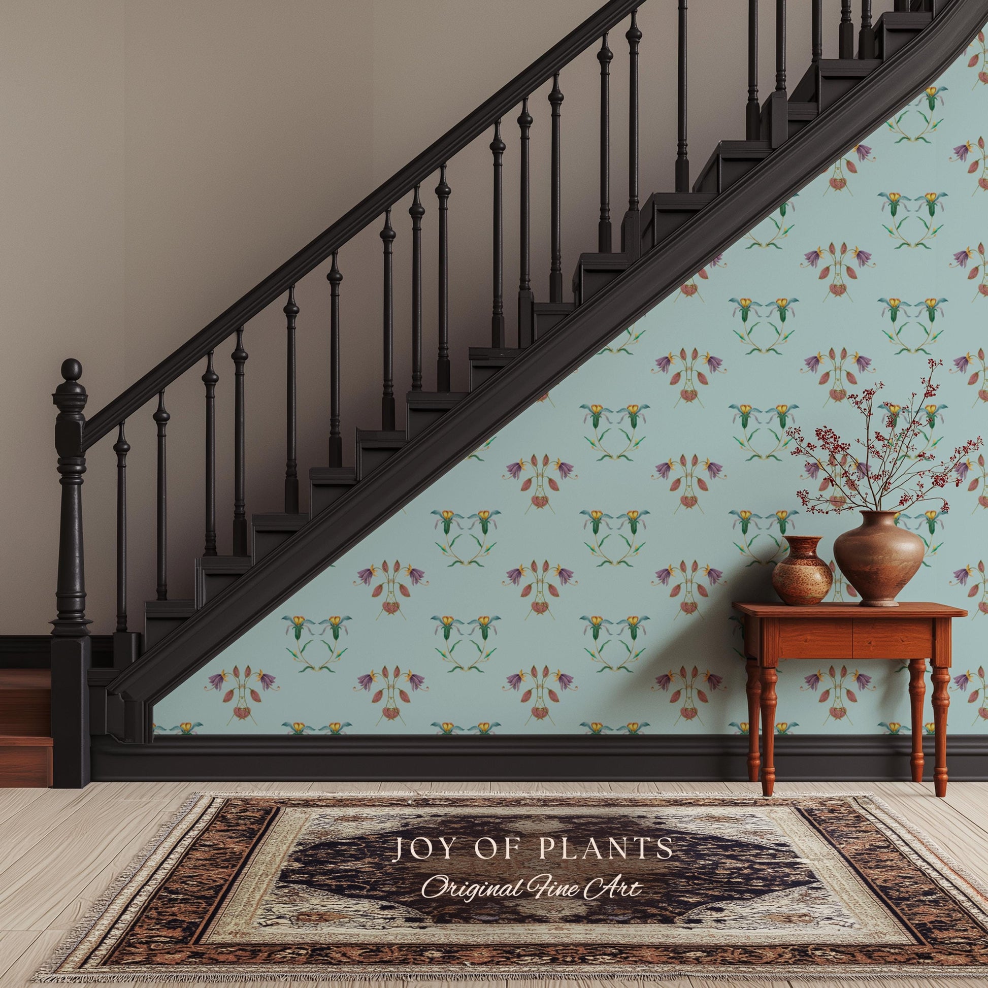 Delicate Florals Pastel Blue Wallpaper | Robin's Egg French Inspired Peel and Stick Wall Art Subtle Design Accent Renter Friendly Bedroom