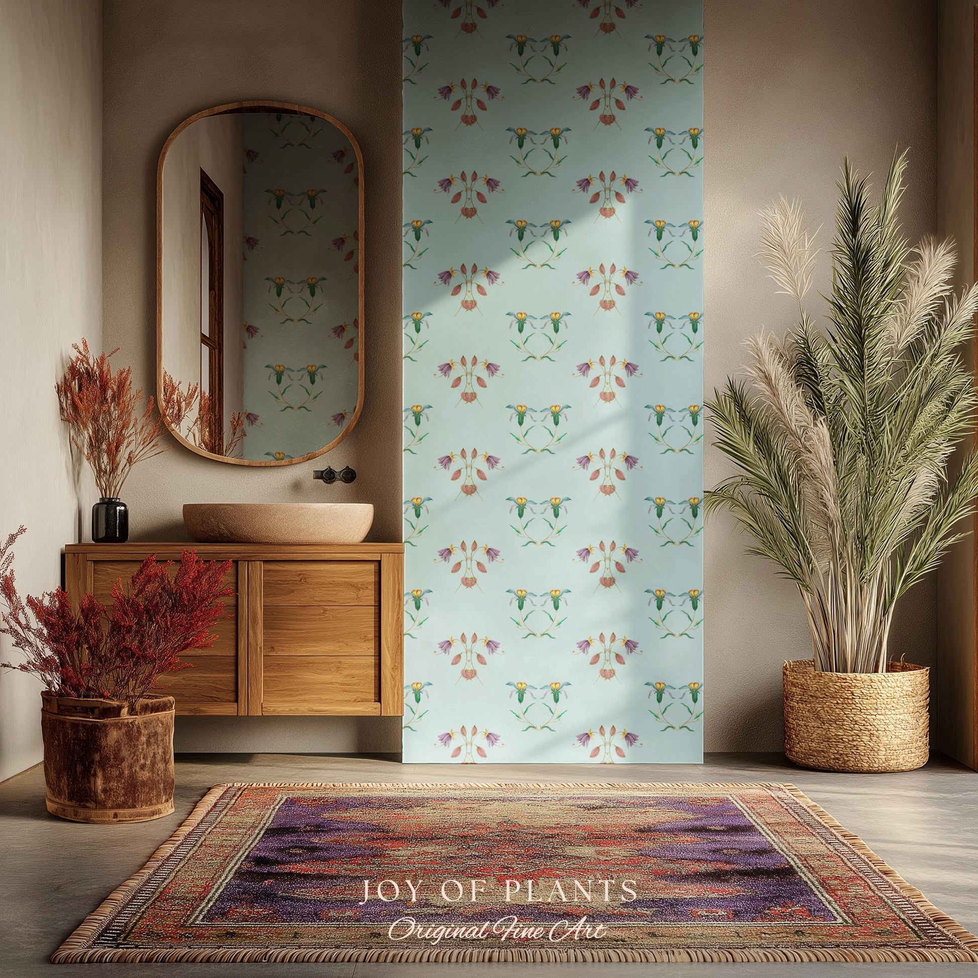 Delicate Florals Pastel Blue Wallpaper | Robin's Egg French Inspired Peel and Stick Wall Art Subtle Design Accent Renter Friendly Bedroom