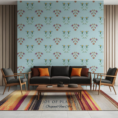 Delicate Florals Pastel Blue Wallpaper | Robin's Egg French Inspired Peel and Stick Wall Art Subtle Design Accent Renter Friendly Bedroom