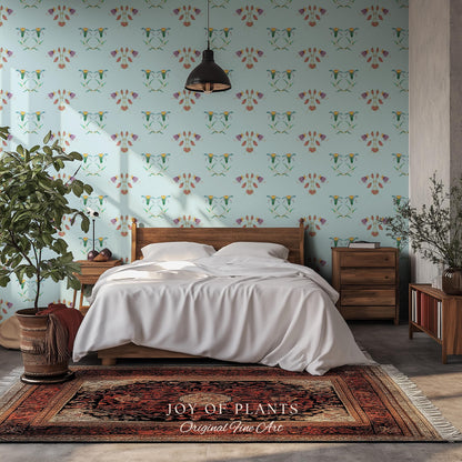 Delicate Florals Pastel Blue Wallpaper | Robin's Egg French Inspired Peel and Stick Wall Art Subtle Design Accent Renter Friendly Bedroom