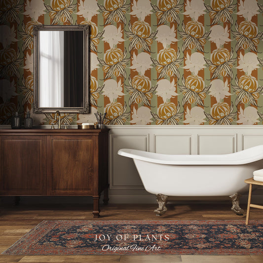 European Retro Mid-Century Wallpaper | Bold Florals Muted 70s Inspired Artistic Wall Design Peel and Stick Nostalgic Art Renter Friendly