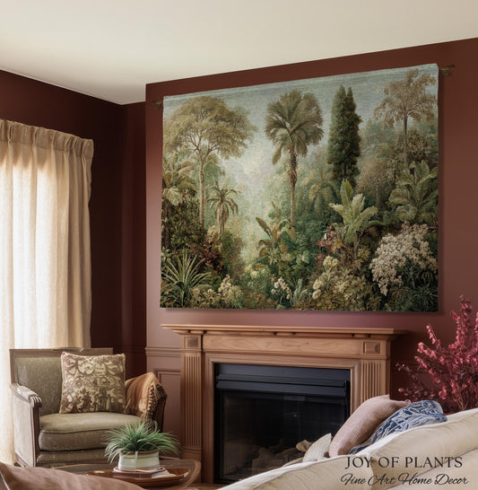 Misty Muted Tropical Greenery Tapestry | Vintage Palm Landscape Old World Jungle Woven Throw Blanket Verdure Jacquard Lush Wall Art