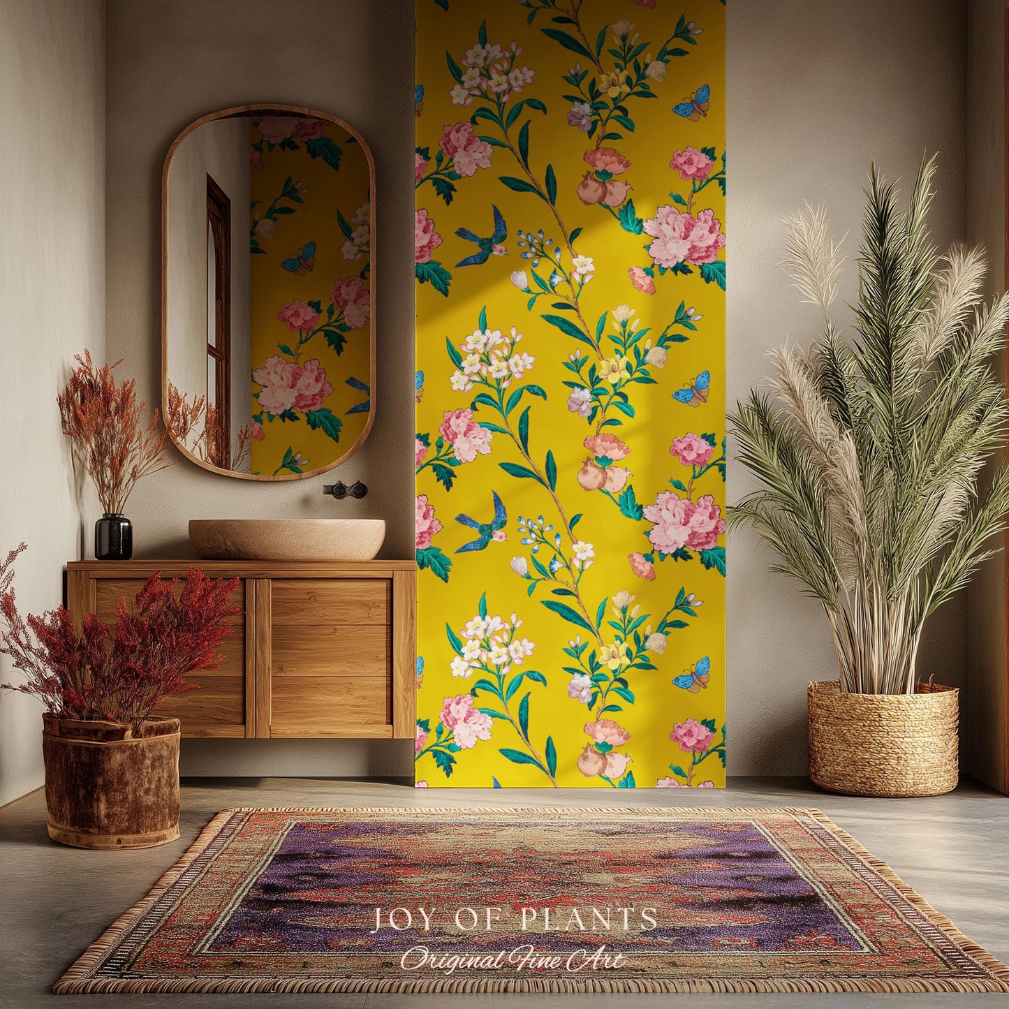 Bold Florals Mustard Yellow Wallpaper | High Contrast Maximalist Vintage Inspired Wall Covering Peel and Stick Decor Contemporary Home