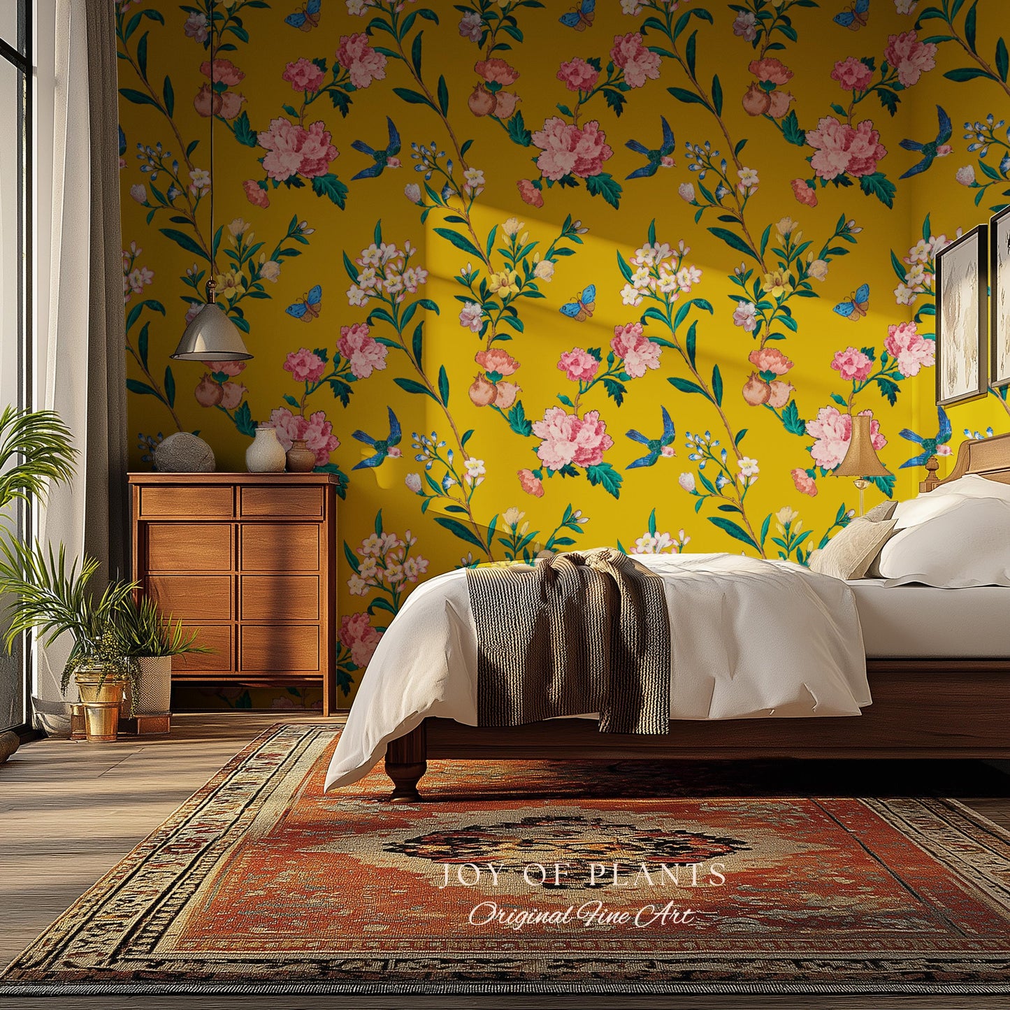 Bold Florals Mustard Yellow Wallpaper | High Contrast Maximalist Vintage Inspired Wall Covering Peel and Stick Decor Contemporary Home
