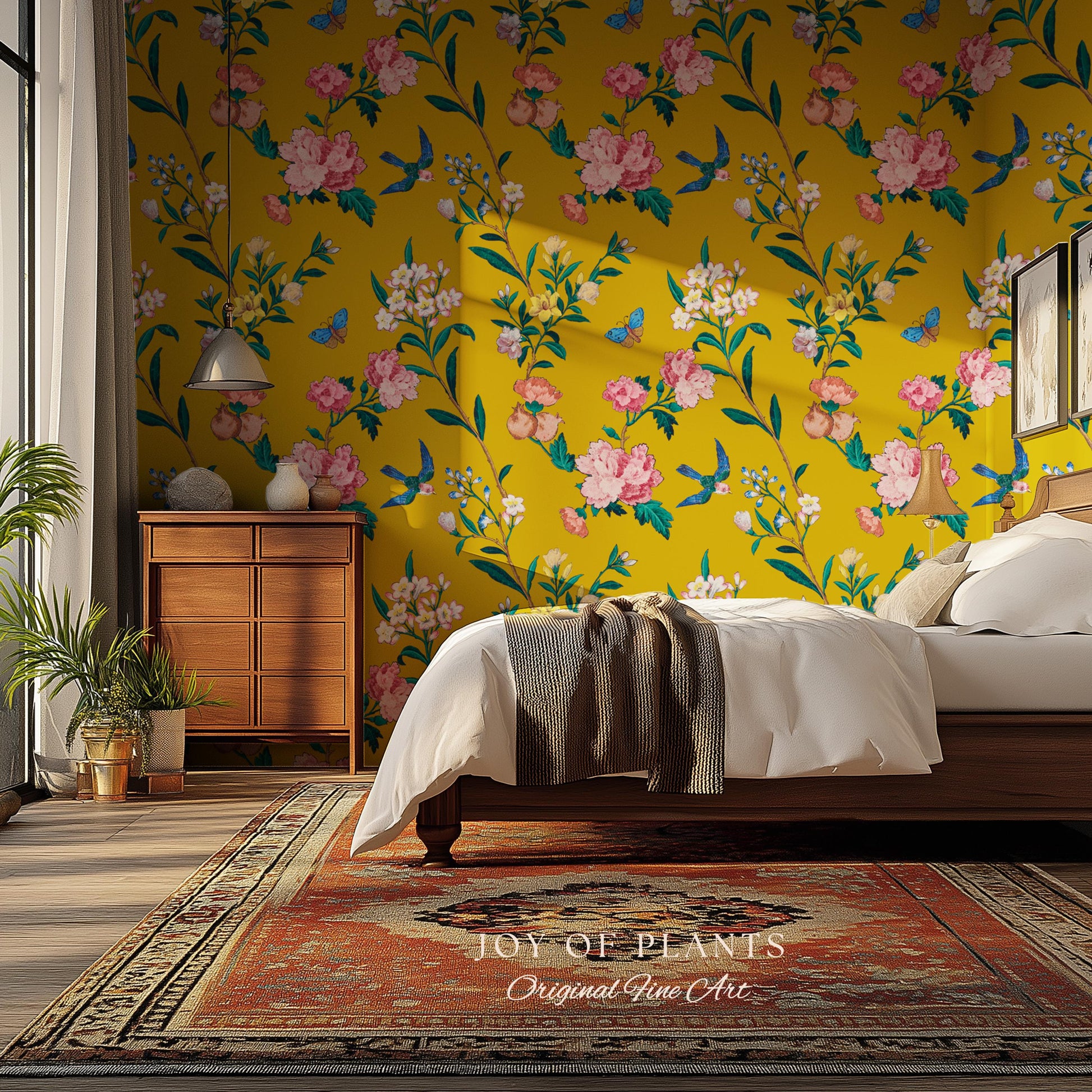 Bold Florals Mustard Yellow Wallpaper | High Contrast Maximalist Vintage Inspired Wall Covering Peel and Stick Decor Contemporary Home