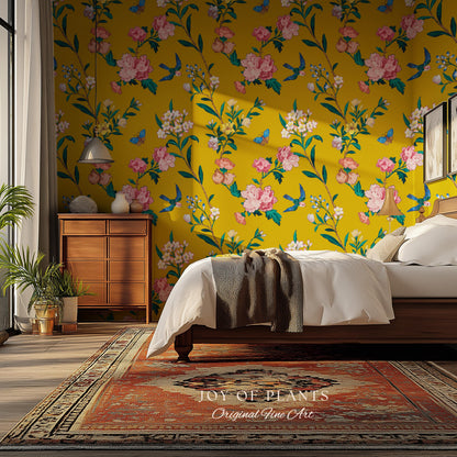 Bold Florals Mustard Yellow Wallpaper | High Contrast Maximalist Vintage Inspired Wall Covering Peel and Stick Decor Contemporary Home
