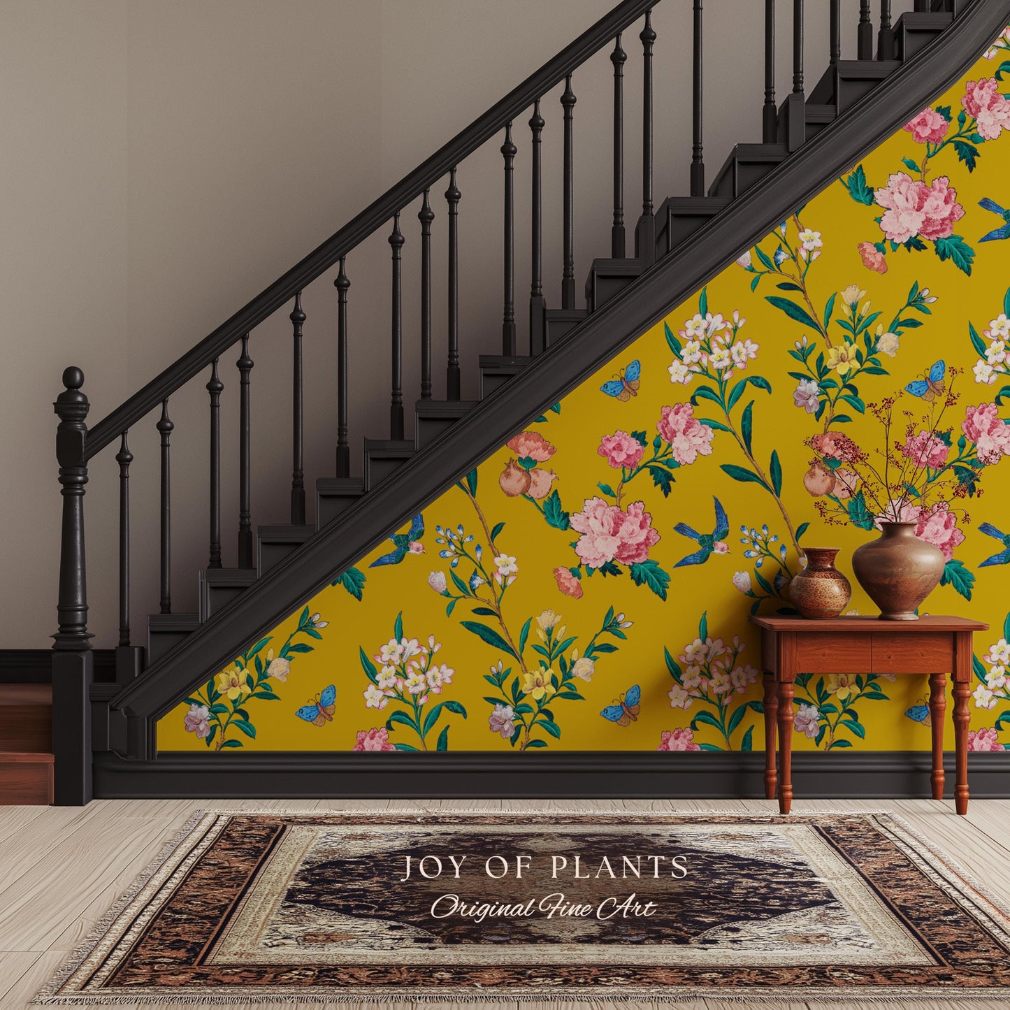 Bold Florals Mustard Yellow Wallpaper | High Contrast Maximalist Vintage Inspired Wall Covering Peel and Stick Decor Contemporary Home
