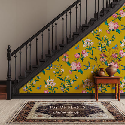 Bold Florals Mustard Yellow Wallpaper | High Contrast Maximalist Vintage Inspired Wall Covering Peel and Stick Decor Contemporary Home