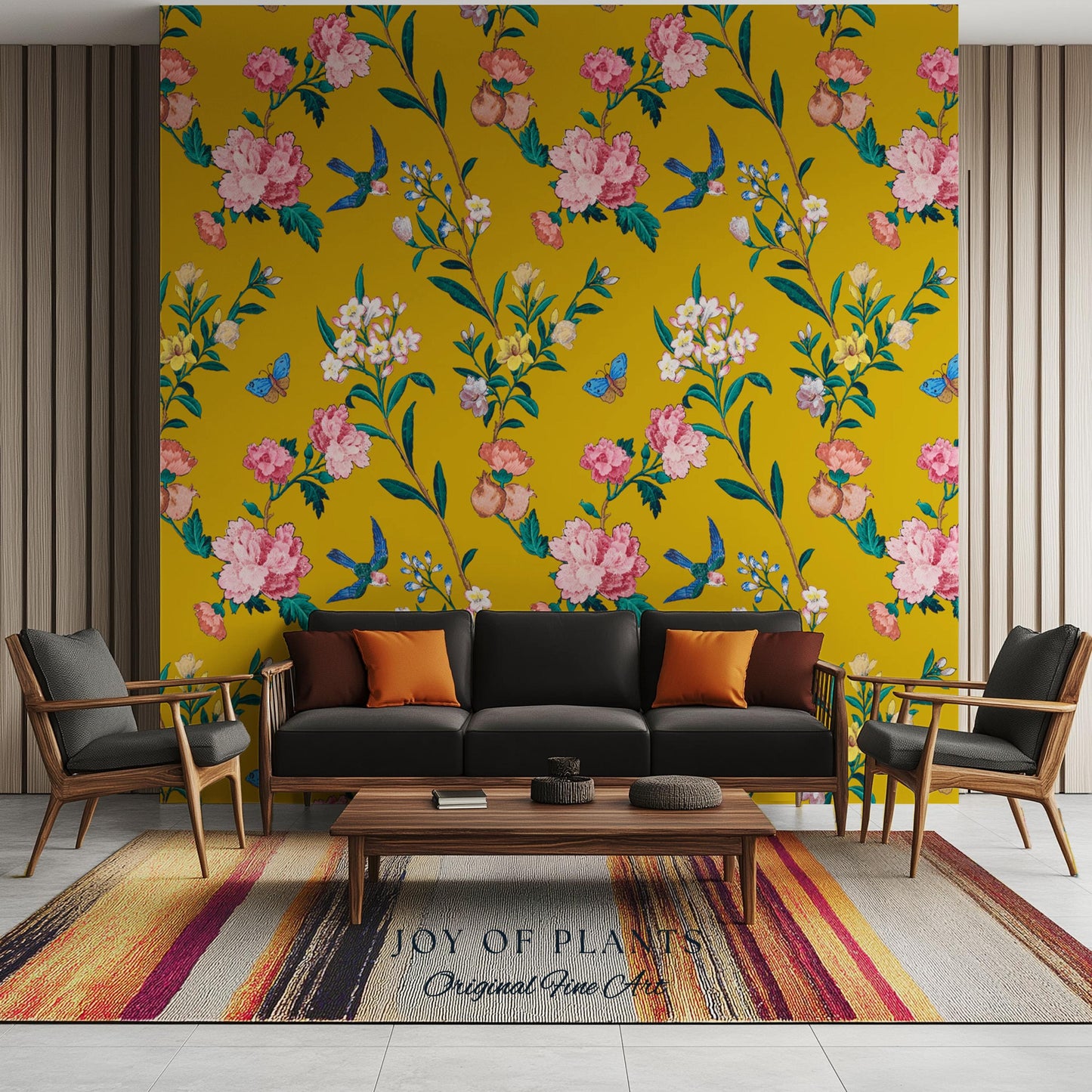 Bold Florals Mustard Yellow Wallpaper | High Contrast Maximalist Vintage Inspired Wall Covering Peel and Stick Decor Contemporary Home
