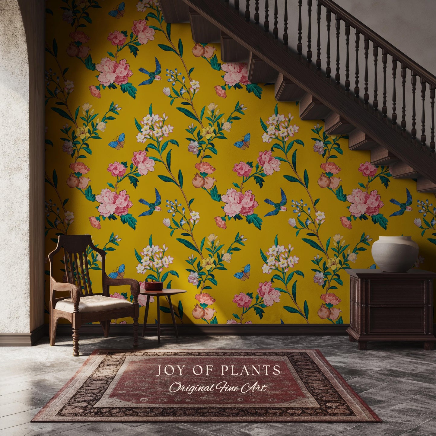 Bold Florals Mustard Yellow Wallpaper | High Contrast Maximalist Vintage Inspired Wall Covering Peel and Stick Decor Contemporary Home