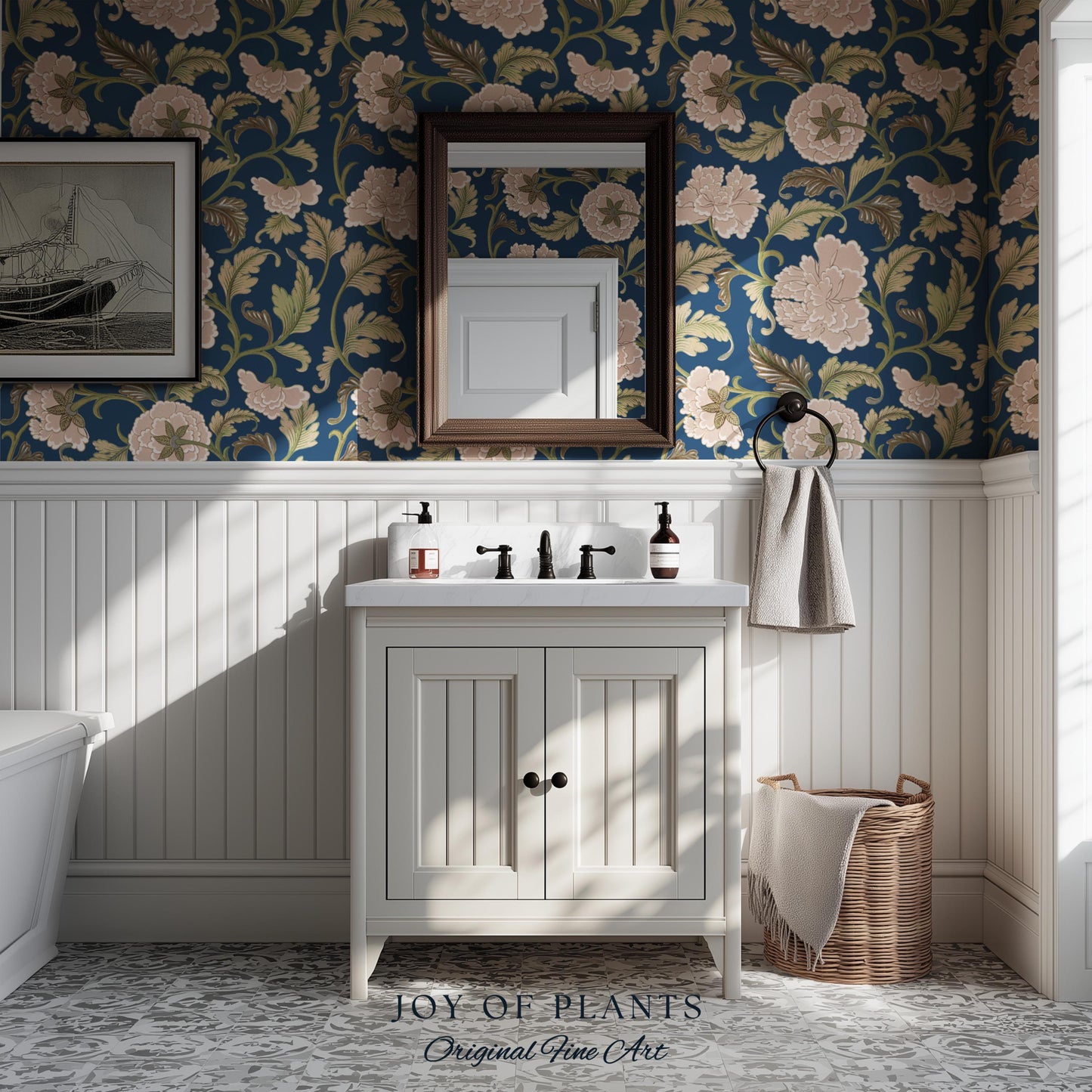 Refined Botanicals Bold Navy Wallpaper | Luxury Home Decor for Elegant Interiors Renter Friendly Accent Wall Heritage Inspired Statement Art