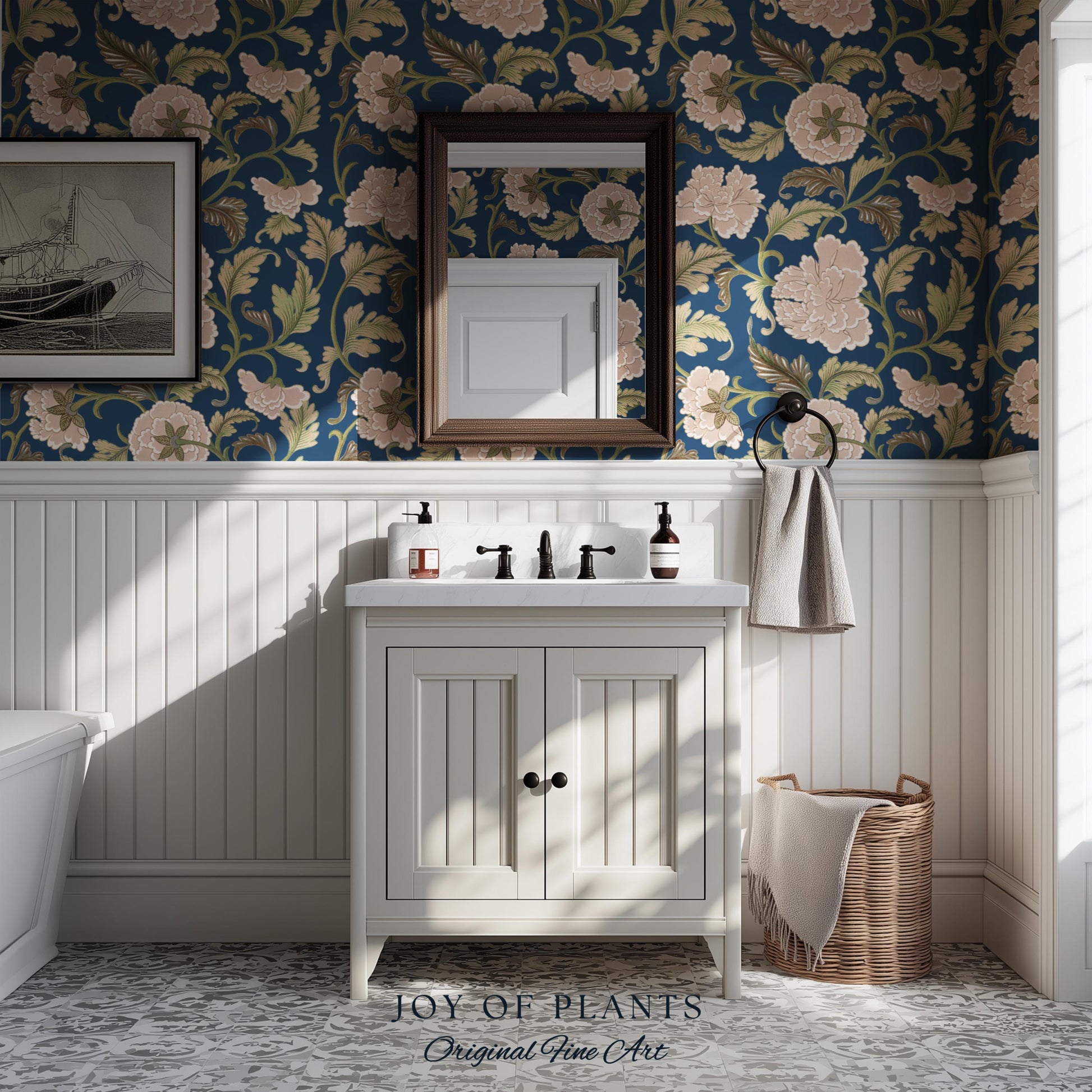 Refined Botanicals Bold Navy Wallpaper | Luxury Home Decor for Elegant Interiors Renter Friendly Accent Wall Heritage Inspired Statement Art