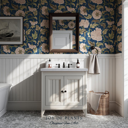 Refined Botanicals Bold Navy Wallpaper | Luxury Home Decor for Elegant Interiors Renter Friendly Accent Wall Heritage Inspired Statement Art
