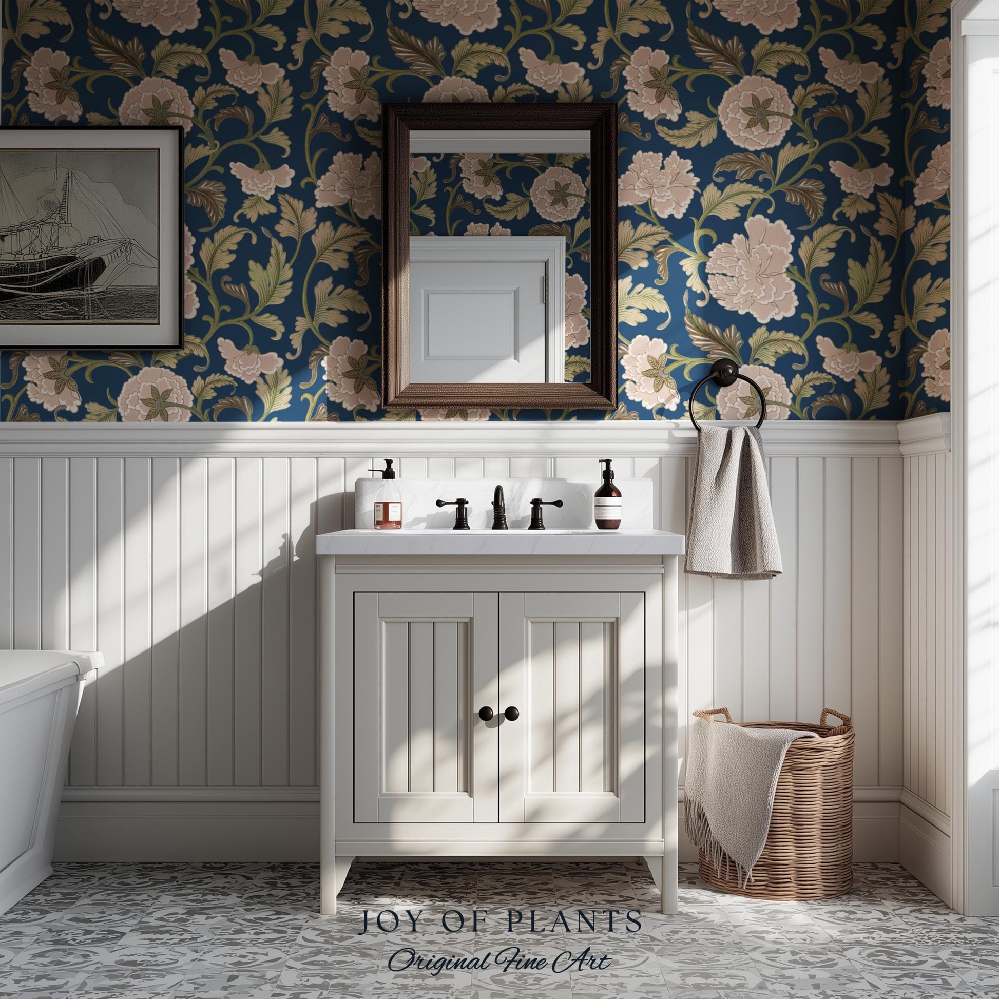 Refined Botanicals Bold Navy Wallpaper | Luxury Home Decor for Elegant Interiors Renter Friendly Accent Wall Heritage Inspired Statement Art