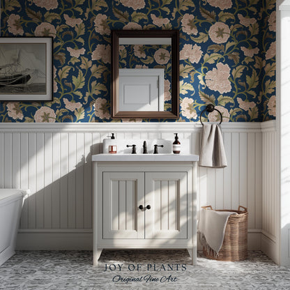 Refined Botanicals Bold Navy Wallpaper | Luxury Home Decor for Elegant Interiors Renter Friendly Accent Wall Heritage Inspired Statement Art