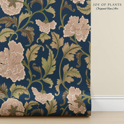 Refined Botanicals Bold Navy Wallpaper | Luxury Home Decor for Elegant Interiors Renter Friendly Accent Wall Heritage Inspired Statement Art