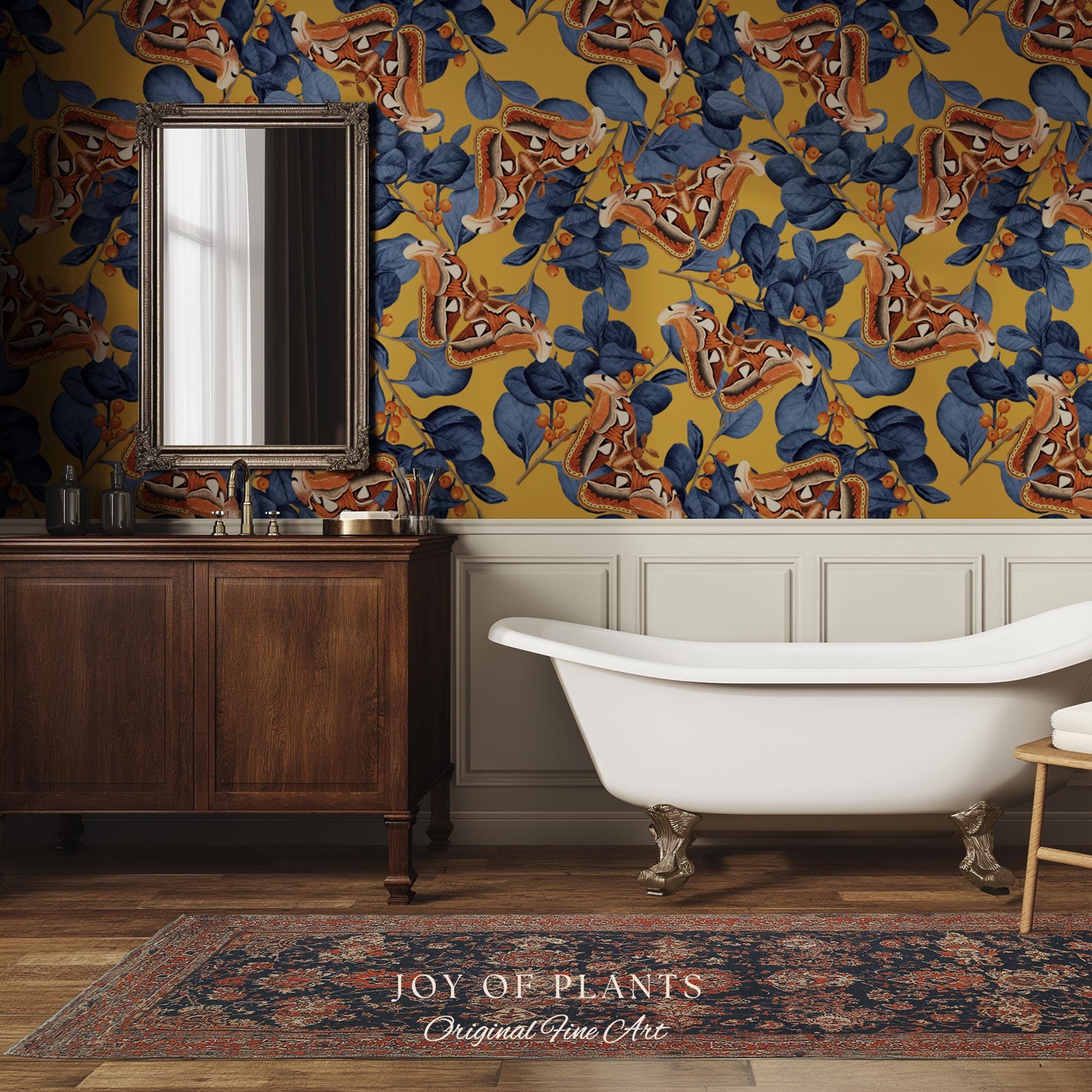 Flora & Fauna Statement Wallpaper | Striking Home Decor Bold Accent Wall Art Butterfly Pattern Mustard Yellow Maximalist Vintage Bedroom