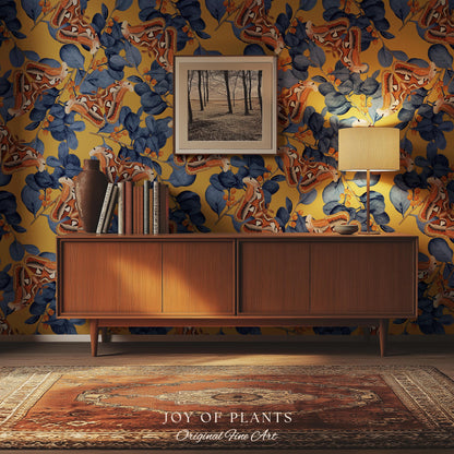 Flora & Fauna Statement Wallpaper | Striking Home Decor Bold Accent Wall Art Butterfly Pattern Mustard Yellow Maximalist Vintage Bedroom