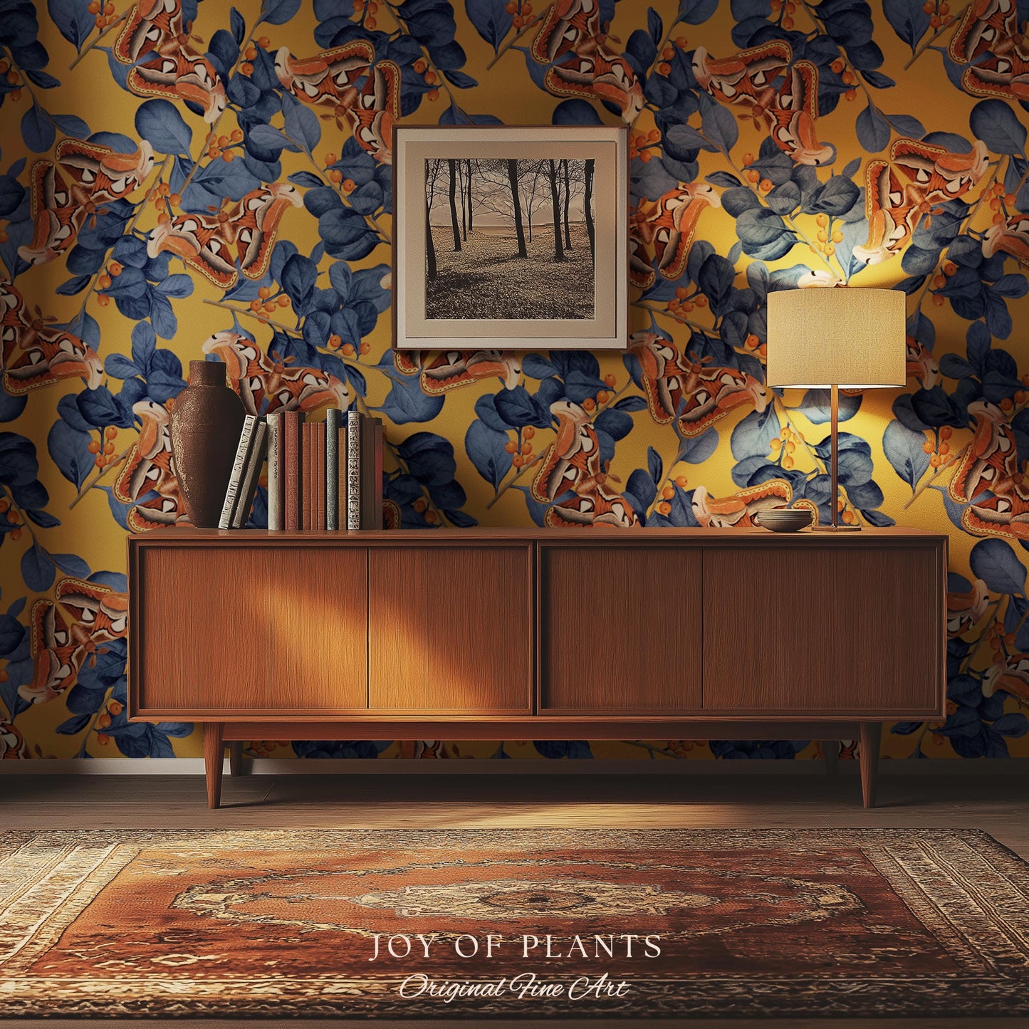 Flora & Fauna Statement Wallpaper | Striking Home Decor Bold Accent Wall Art Butterfly Pattern Mustard Yellow Maximalist Vintage Bedroom