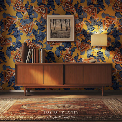 Flora & Fauna Statement Wallpaper | Striking Home Decor Bold Accent Wall Art Butterfly Pattern Mustard Yellow Maximalist Vintage Bedroom