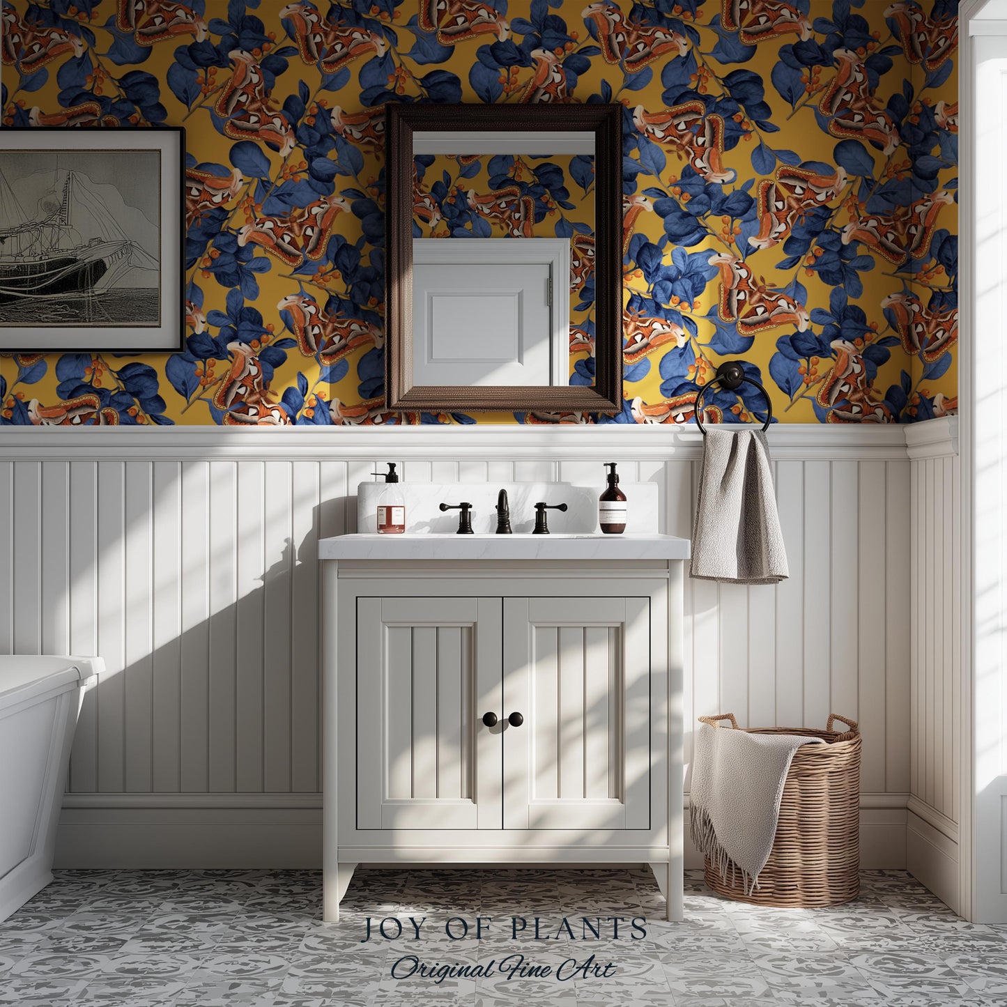 Flora & Fauna Statement Wallpaper | Striking Home Decor Bold Accent Wall Art Butterfly Pattern Mustard Yellow Maximalist Vintage Bedroom