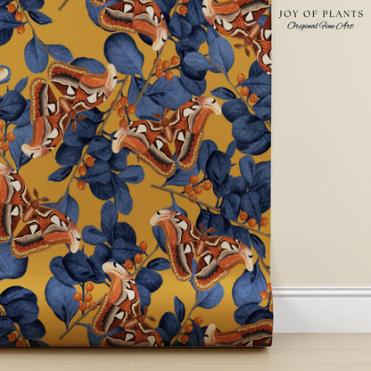 Flora & Fauna Statement Wallpaper | Striking Home Decor Bold Accent Wall Art Butterfly Pattern Mustard Yellow Maximalist Vintage Bedroom