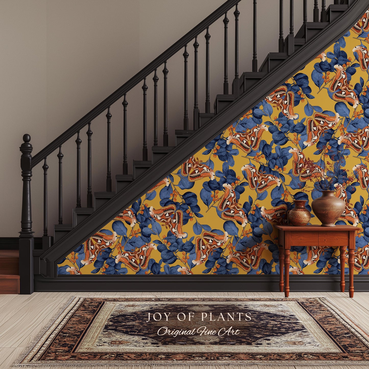 Flora & Fauna Statement Wallpaper | Striking Home Decor Bold Accent Wall Art Butterfly Pattern Mustard Yellow Maximalist Vintage Bedroom
