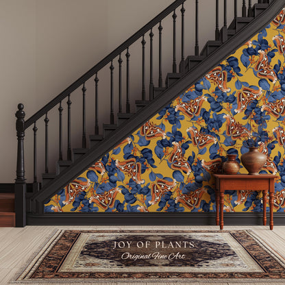 Flora & Fauna Statement Wallpaper | Striking Home Decor Bold Accent Wall Art Butterfly Pattern Mustard Yellow Maximalist Vintage Bedroom