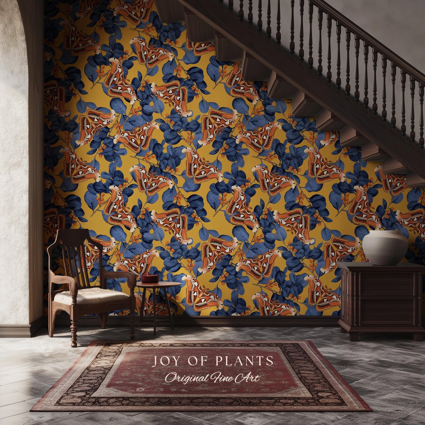 Flora & Fauna Statement Wallpaper | Striking Home Decor Bold Accent Wall Art Butterfly Pattern Mustard Yellow Maximalist Vintage Bedroom