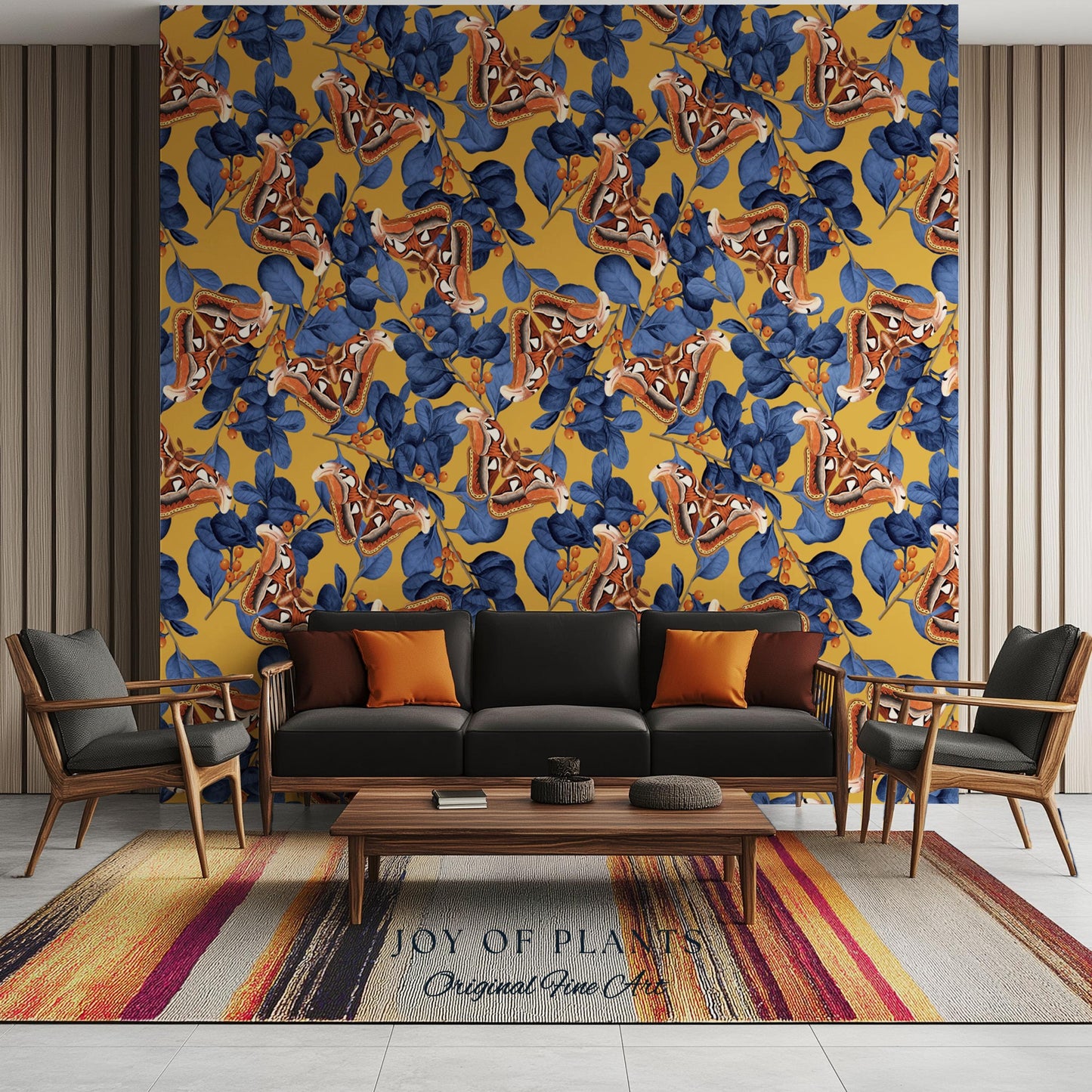 Flora & Fauna Statement Wallpaper | Striking Home Decor Bold Accent Wall Art Butterfly Pattern Mustard Yellow Maximalist Vintage Bedroom