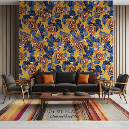 Flora & Fauna Statement Wallpaper | Striking Home Decor Bold Accent Wall Art Butterfly Pattern Mustard Yellow Maximalist Vintage Bedroom