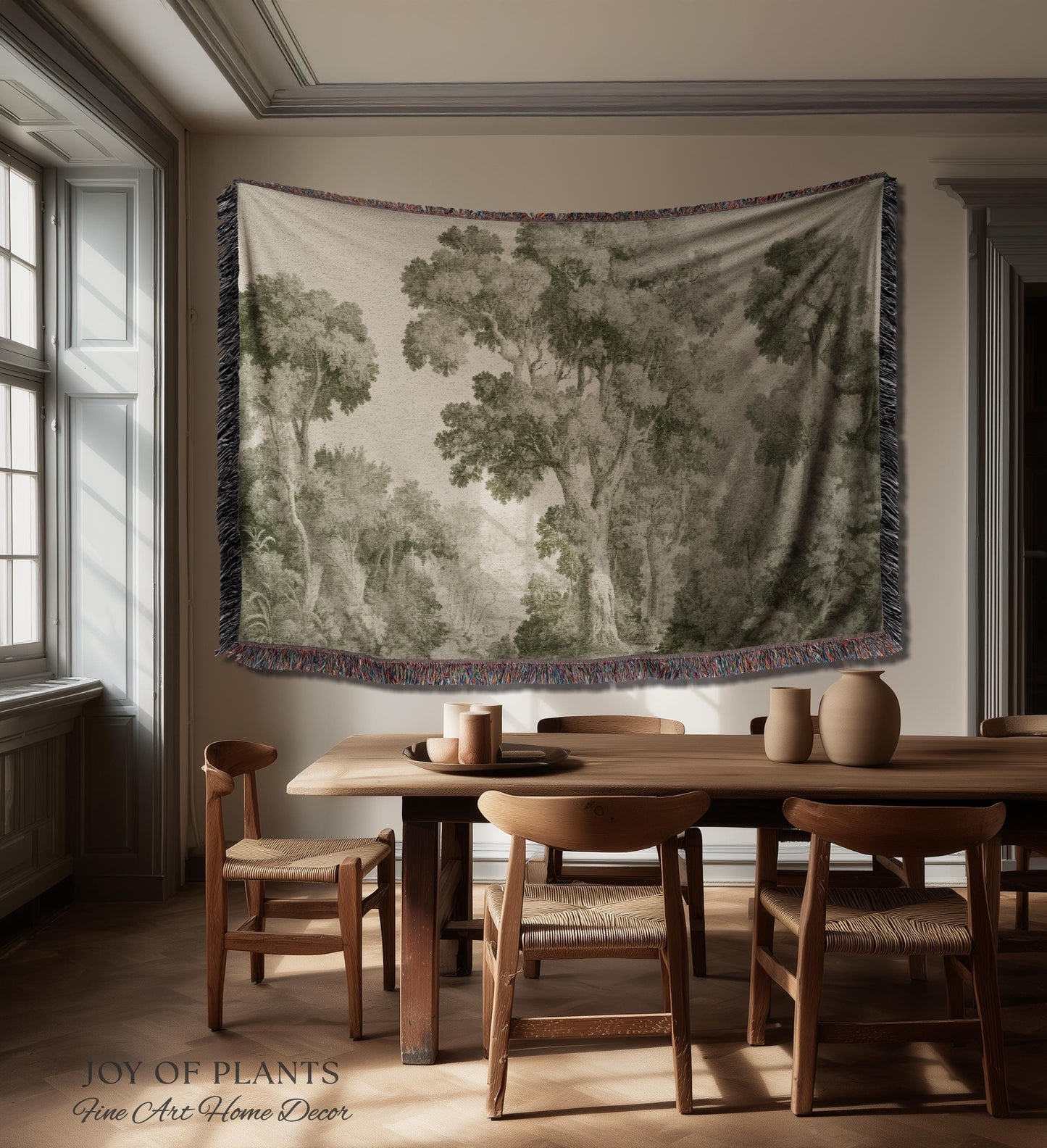 Subtle Botanical Timeless Wall Tapestry | Delicate Forest Woodland Textile Misty Arboretum Soft Countryside Pale Sage Green 19th Century