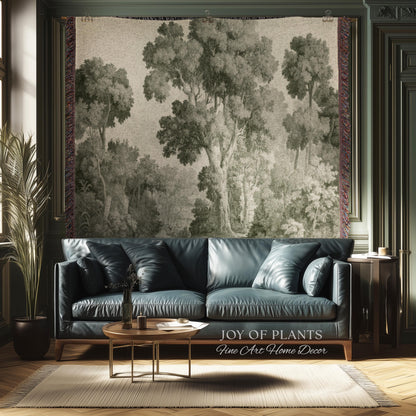 Subtle Botanical Timeless Wall Tapestry | Delicate Forest Woodland Textile Misty Arboretum Soft Countryside Pale Sage Green 19th Century